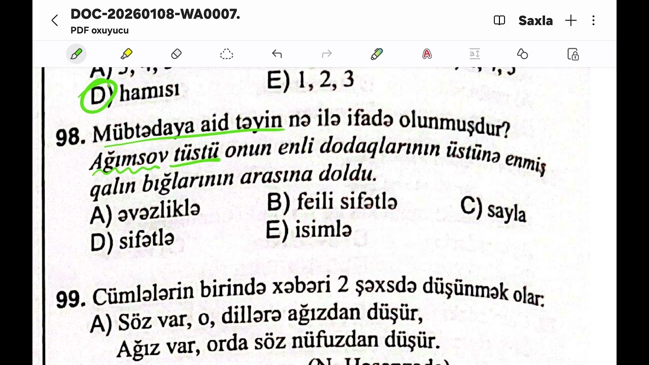 DİM 9 İLLİK/  Cümlə üzvləri. Cümlənin qrammatik əsası (91-118)