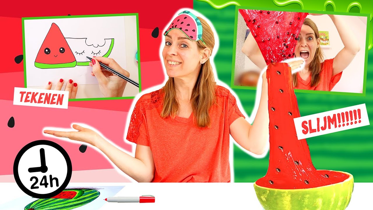 WATERMELOEN SLIJM MAKEN!! - 24 UURS CHALLENGE! *Alles Doen Met Een Watermeloen! ♥DeZoeteZusjes♥