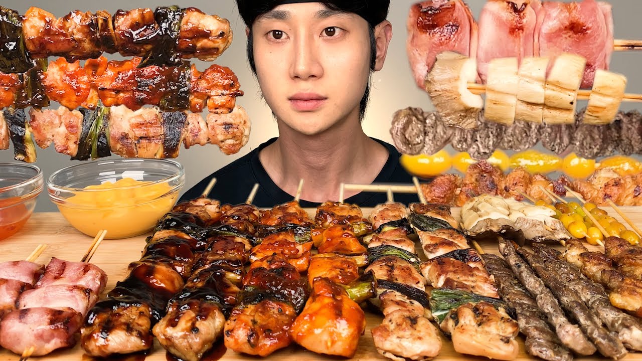 여러가지 닭꼬치 먹방~ 매운닭꼬치, 데리야끼, 소금후추, 염통, 토마토베이컨말이, 닭껍질, 은행, 송이버섯, 파닭꼬치 리얼사운드 ASMR Chicken Skewers MUKBANG