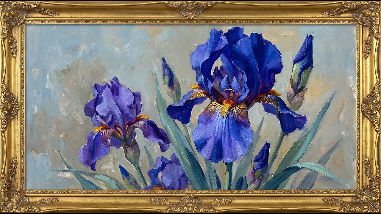 Bold Blue Iris 4K | Gold Frame TV Art Screensaver | 2 Hour Expressive Floral Display