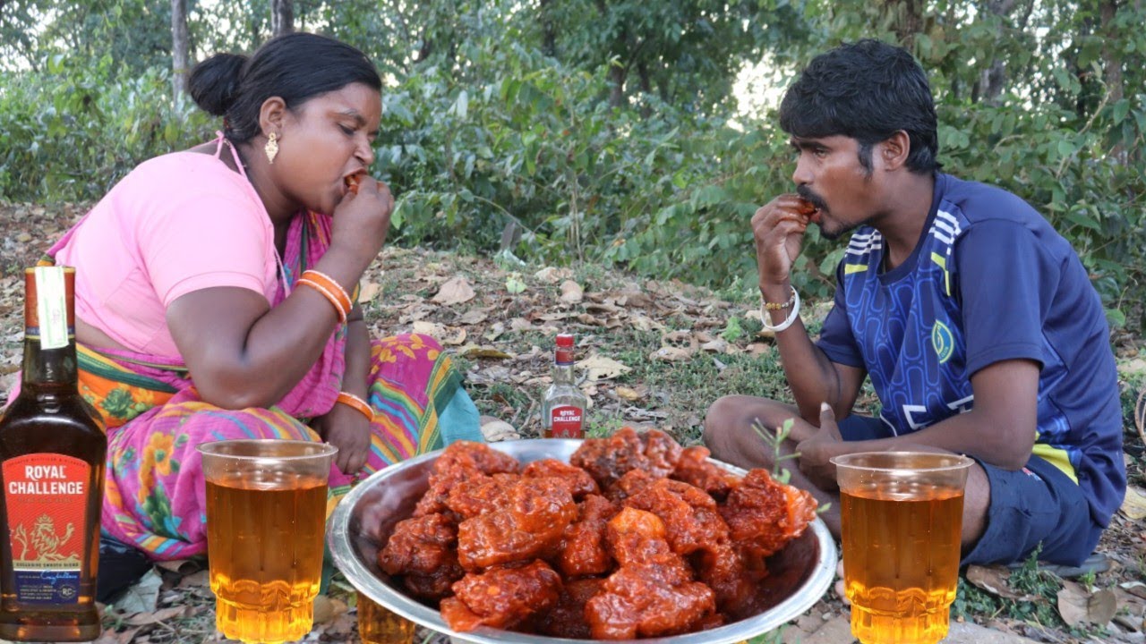 Special Chicken Chili Masala Curry Eating And Drink Wine Dehati Couple ||
