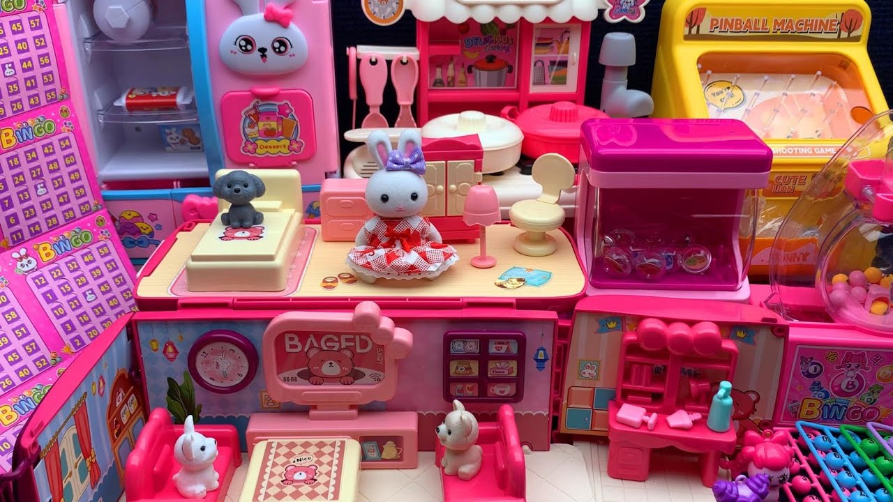 12-Minute Relaxing Stress-Relieving Pink White Rabbit Doll House Toy Set Unboxing Review ASMR