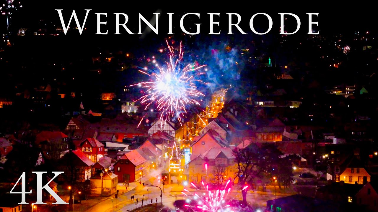 Drone Flight over the New Year's Eve Fireworks in Wernigerode 4K