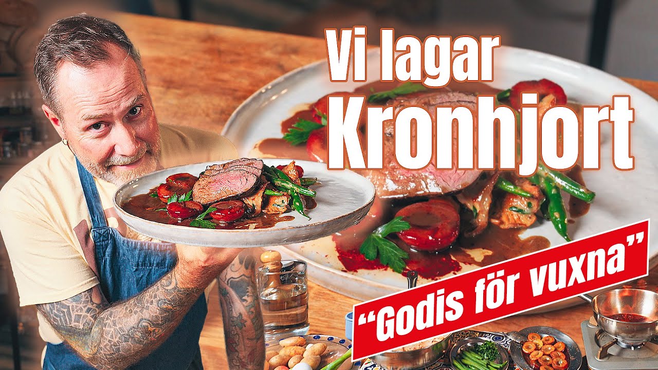 Kronhjorts Rostbiff med gräddkokta kantareller, portvinskarameliserade plommon och potatis tarte