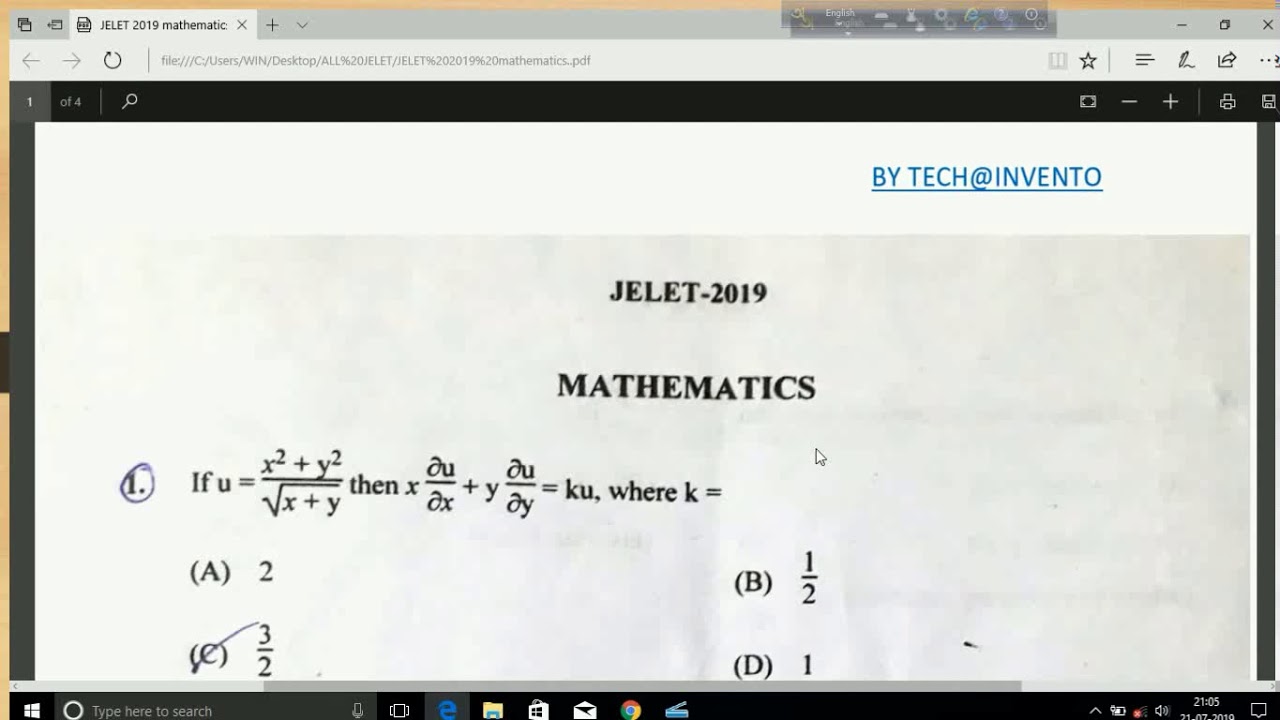 JELET 2019 MATHEMATICS ANSWERS KEY.
