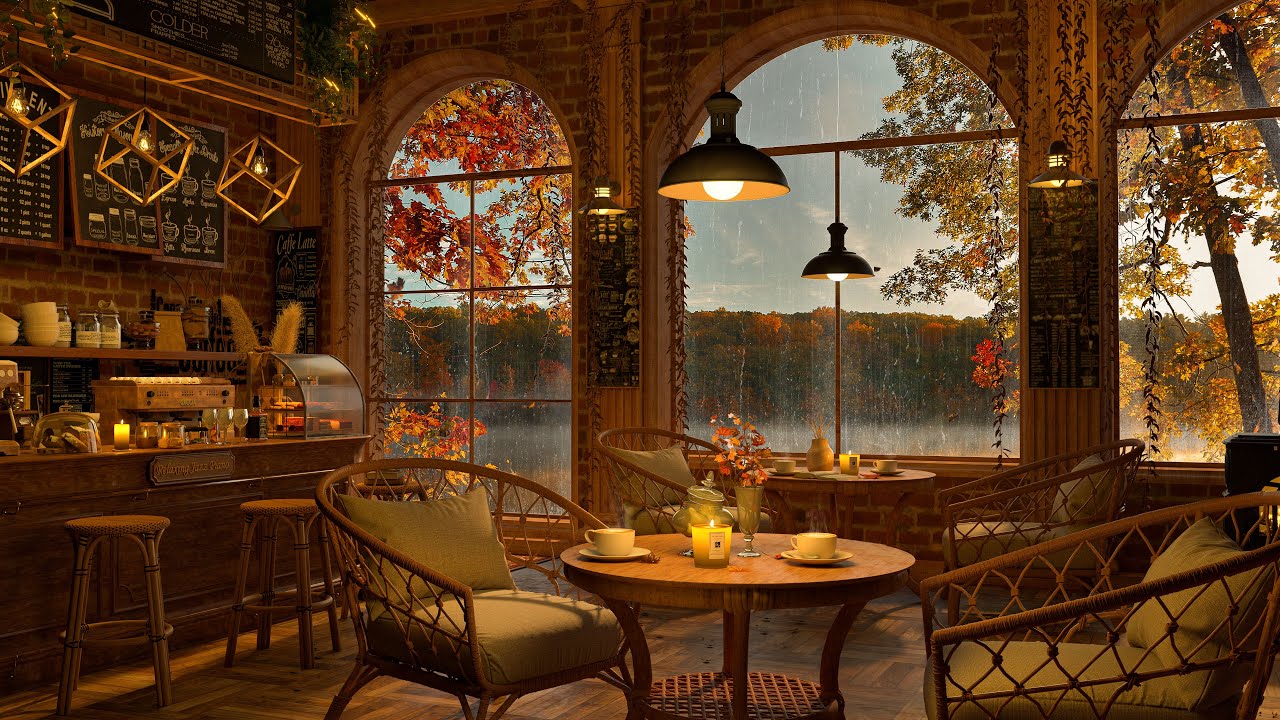 Autumn Rainy Day Cozy Coffee Shop 4K ☕ Smooth Jazz Music to Relax/Study/Work to