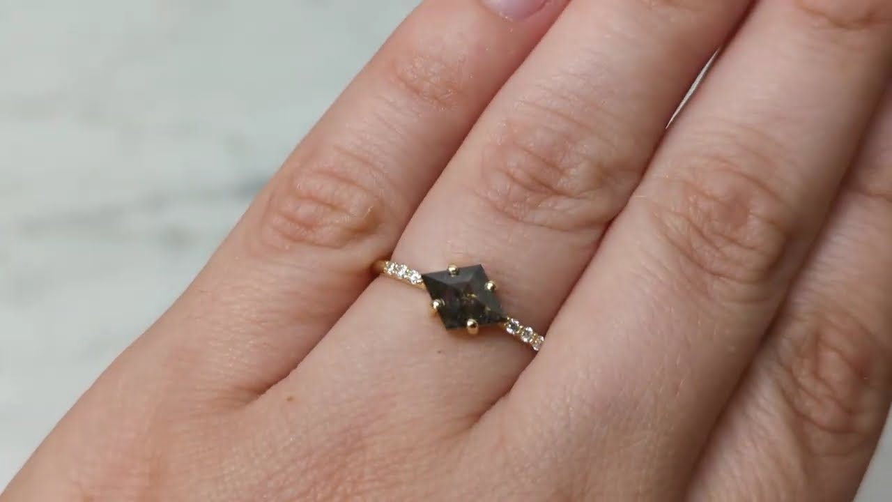 kite Cut Salt and Pepper Diamond Ring, 14k Yellow Gold, Kite shape Diamond Engagement Ring