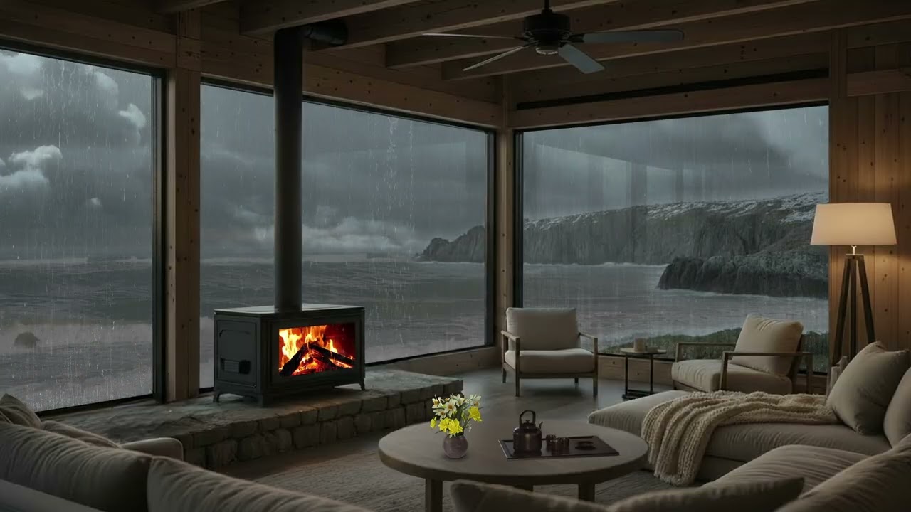 Cozy Coastal Cabin Fireplace 🌧️🌊 Gentle Waves & Crackling Fire Sounds For Deep Sleep & Stress Relief