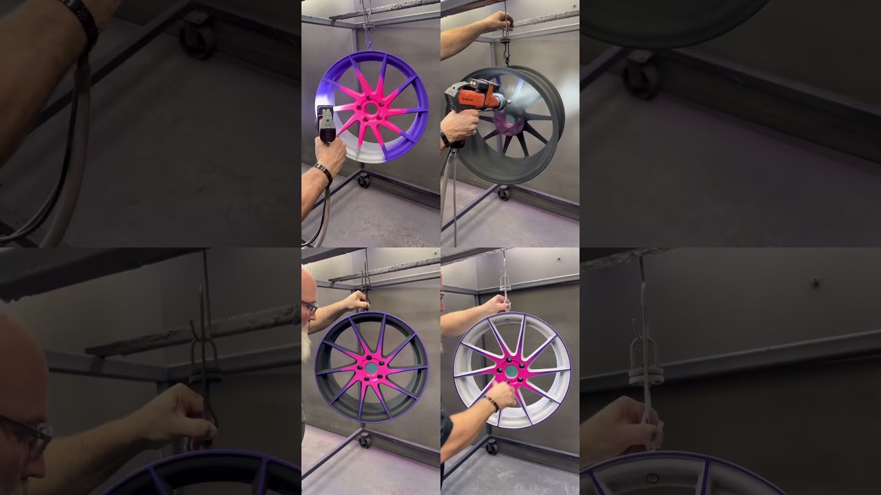 Different stages of powder coating a multi-color wheel.  #powdercoating