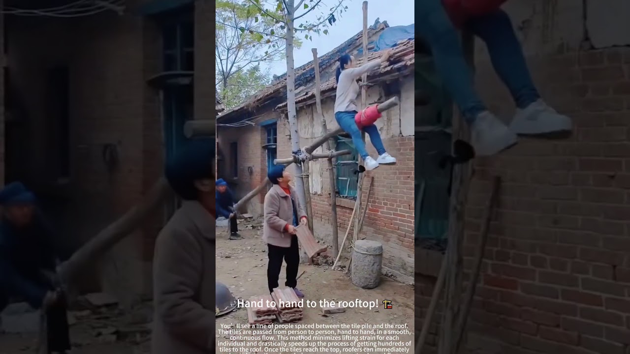 Passing roof tiles up in a chain! 👥