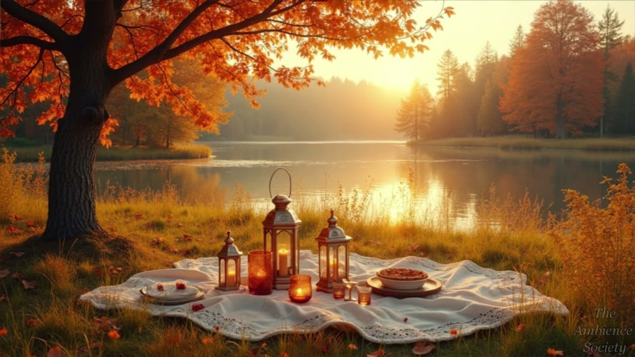AUTUMN AMBIENCE 🍂 &mdash; ROMANTIC PICNIC BY THE LAKE AT SUNSET 🧡- LAKE SOUND, WIND BLOWING &mdash; 5 HOURS