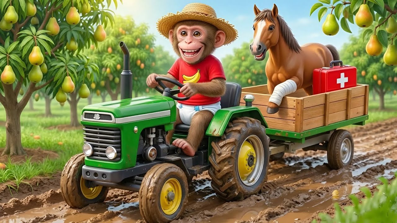 🍐😱🐒Monkey ToKo Drive a Tractor Harvested Pear & Rescue A Horse Steps On a Nail Right At His Farm!🩹🐎🩸