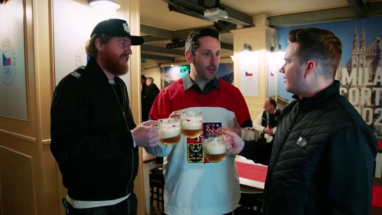 Jakub Voracek gives Jason Demers and Jamison Coyle a tour of the Czech House 🇨🇿