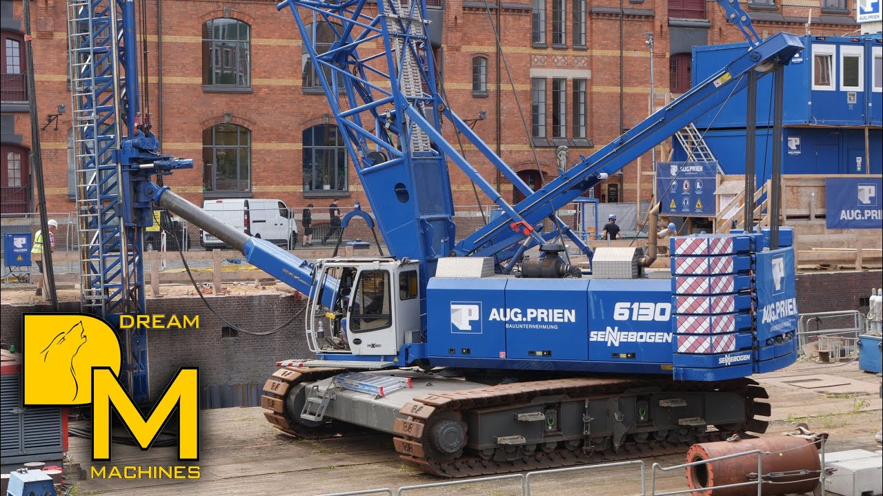 Brutal noise! Crane on barge with huge leader system piling foundations Unesco world heritage site