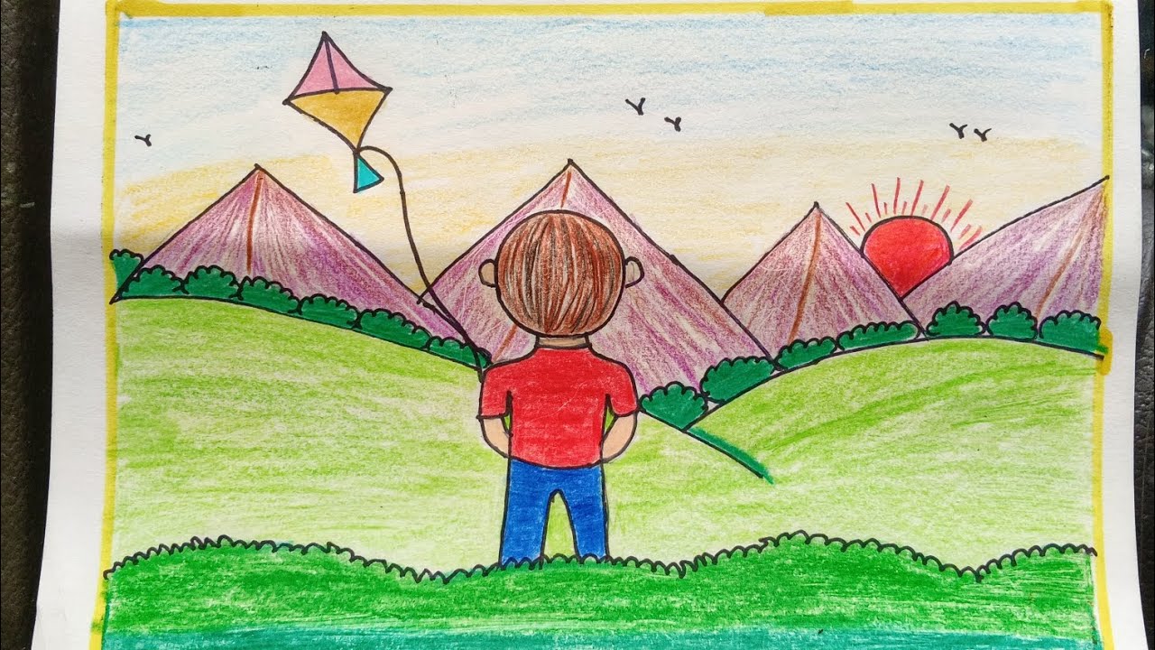Beautiful Kite Flying Scenery Drawing 🌄🪁 | Easy Nature Drawing Step by Step | Pencil Colour Art