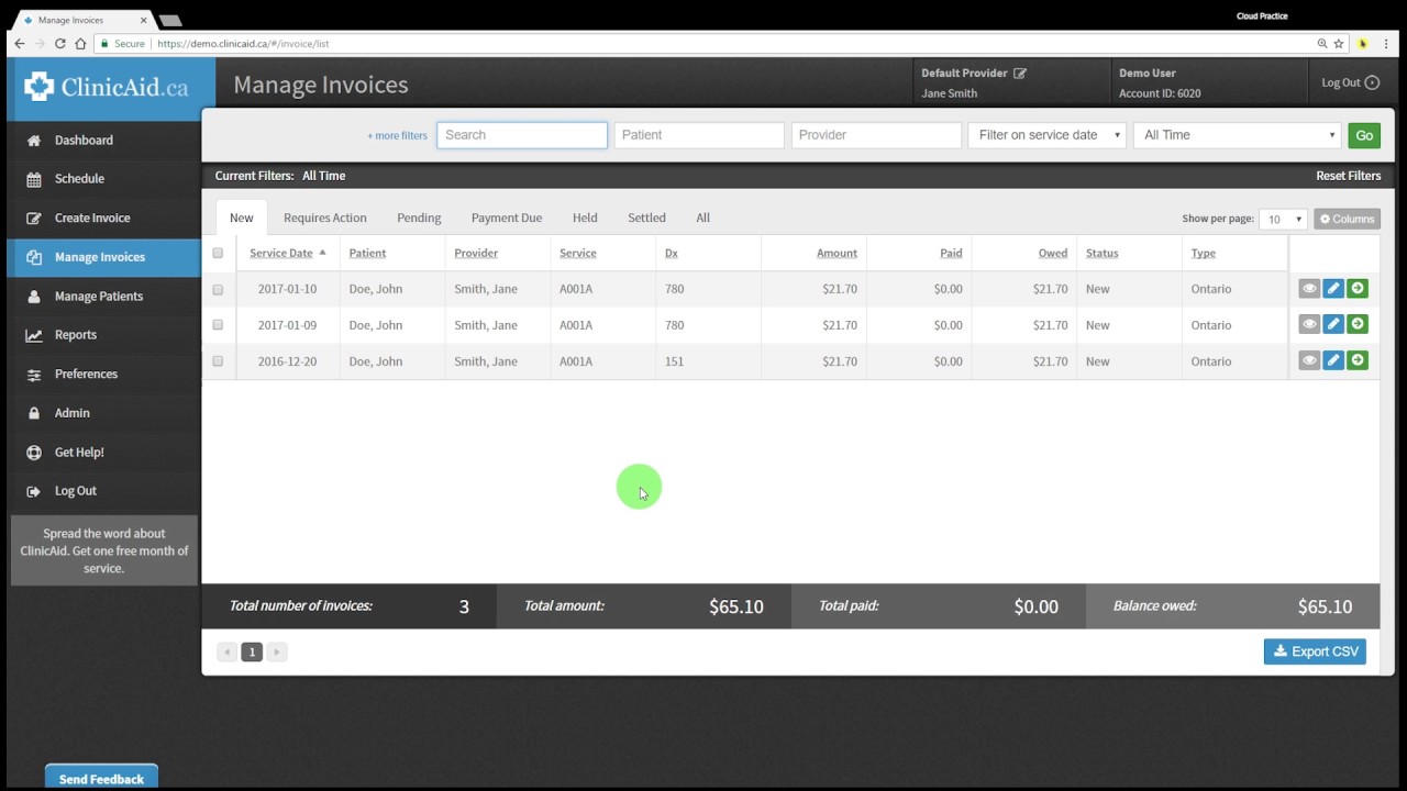 Creating Invoices in ClinicAid