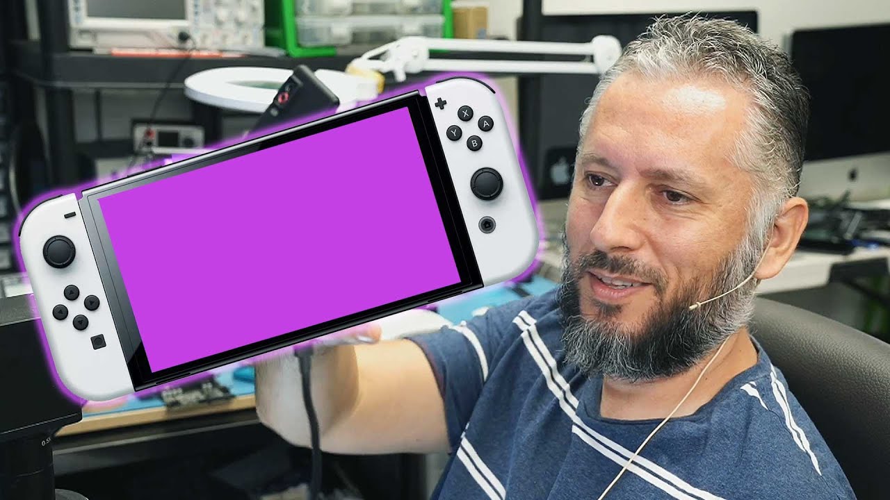 Ремонт чёрного OLED-экрана Nintendo Switch с помощью мода. Результат — фиолетовый.