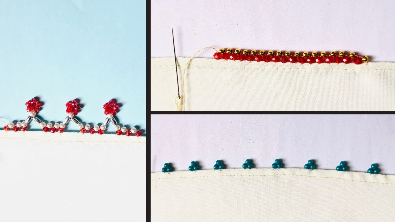 3 different designs of Making the boarder with beads on a dupatta 