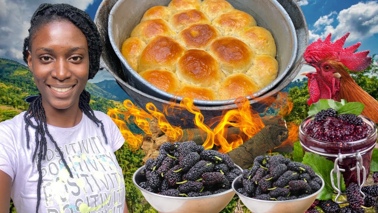 Harvesting Mulberries For Jam & Baking Fresh Dinner Rolls Bread On The Coal Fire