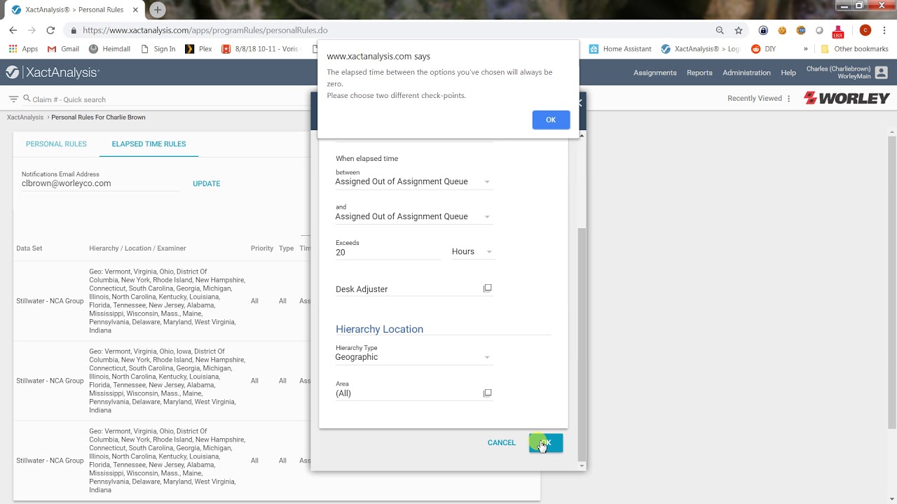 Setting up  xactanalysis rules for an adjuster.