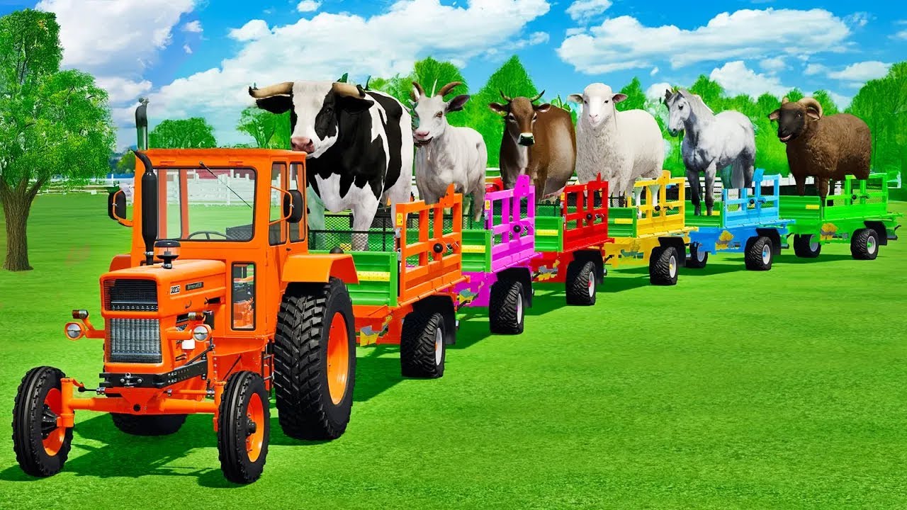 LOAD BULLS, COWS, HORSES, SHEEPS, RAMS, GOATS & TRANSPORT WITH COLORED TRACTORS - FS22