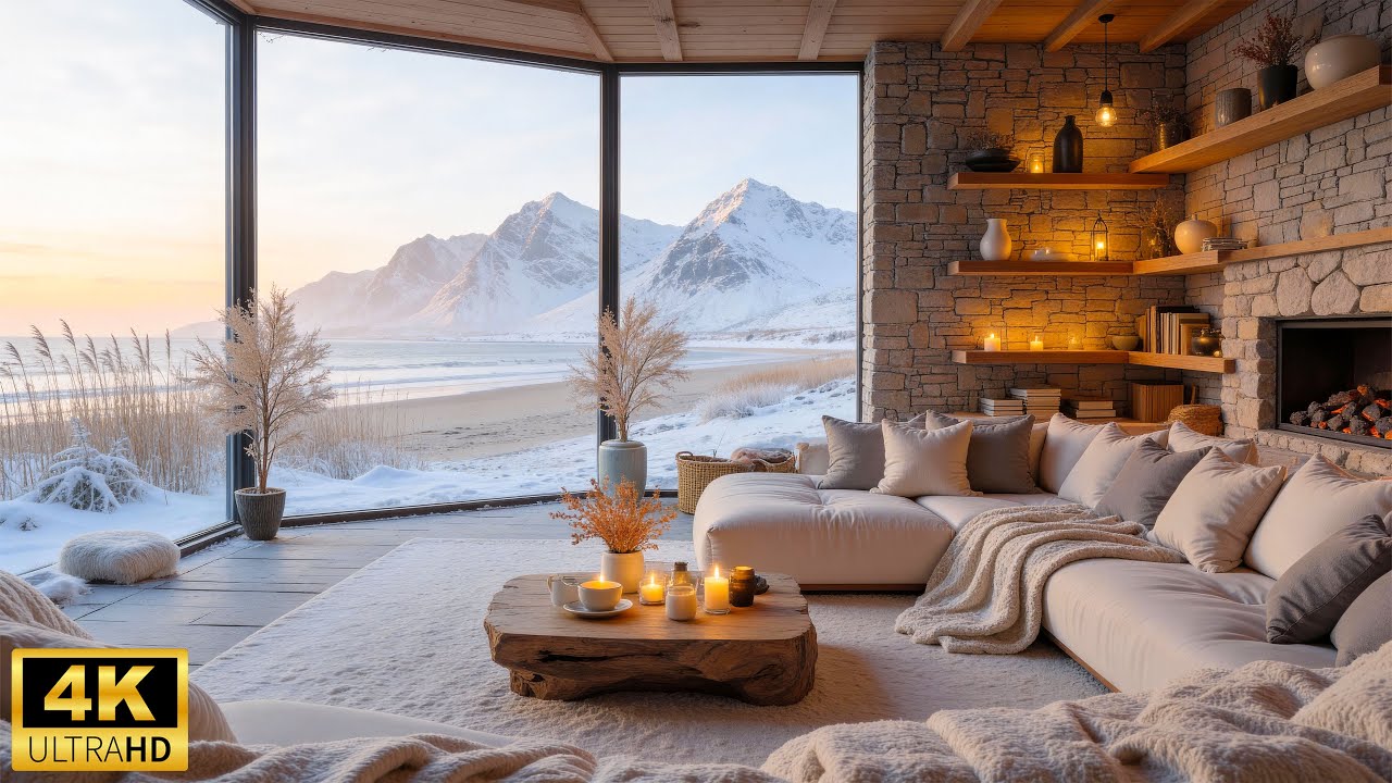 Relaxing Piano Music with Ocean Waves & Fireplace ❄️ Cozy Winter Cabin by the Sea for Sleep & Focus