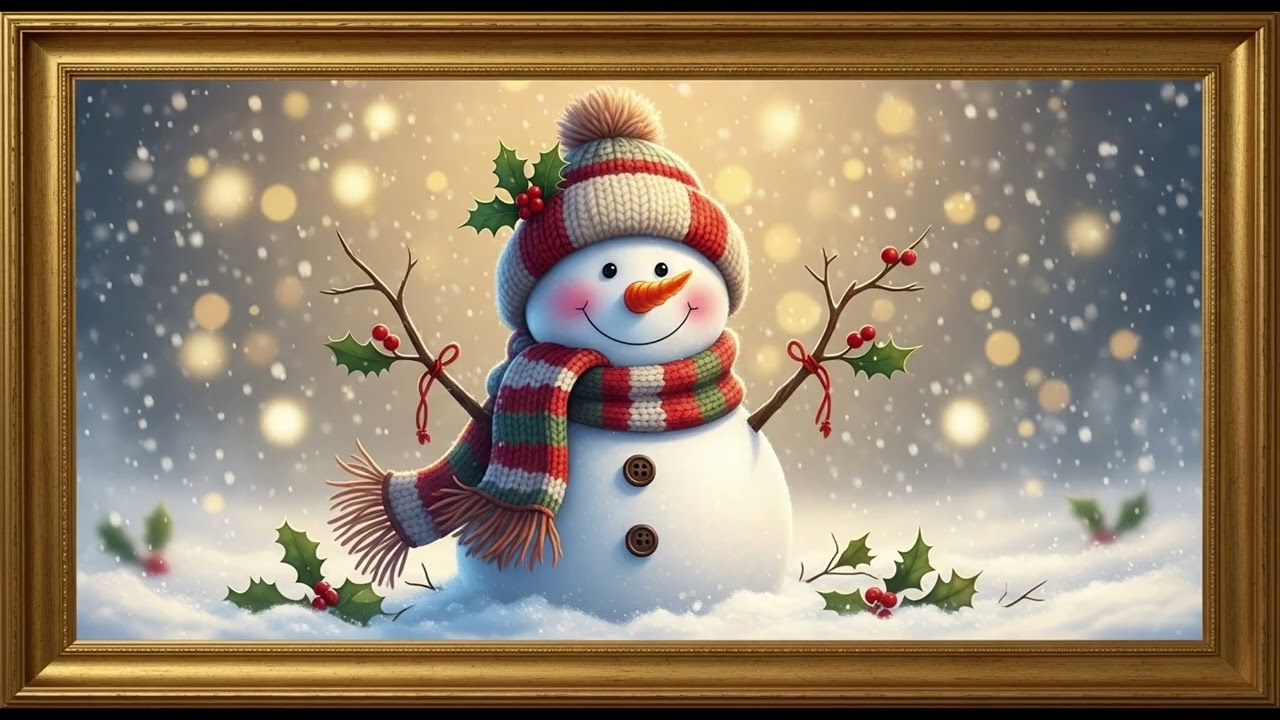 Frame TV Art - Frame Art TV with Music: Charming Christmas Snowman: Knitted Hat, Scarf, and Falling