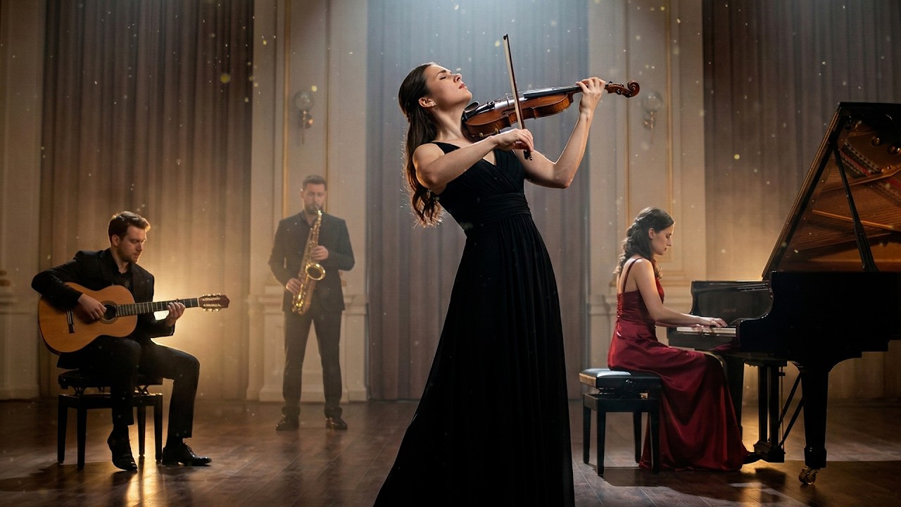 Saxophone, Violin & Piano – Elegant Romantic Instrumental Inside A Classical Theater Stage