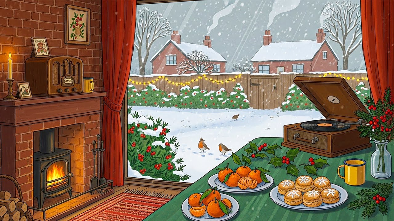 cozy cabin snowy morning with 1950s vintage oldies playing in another room for relaxation