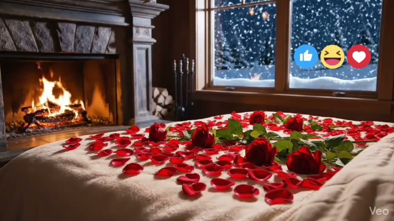 Valentine's romantic, ambient, cozy, snowy, flickering fireplace, jazz, instrumental, calm, relaxing