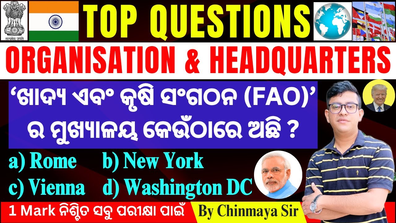 Important Organisation And Their Headquarters|ଗୁରୂତ୍ଵପୂର୍ଣ୍ଣ ସଂସ୍ଥା ଏବଂ ମୁଖ୍ୟାଳୟ|GK By Chinmaya Sir