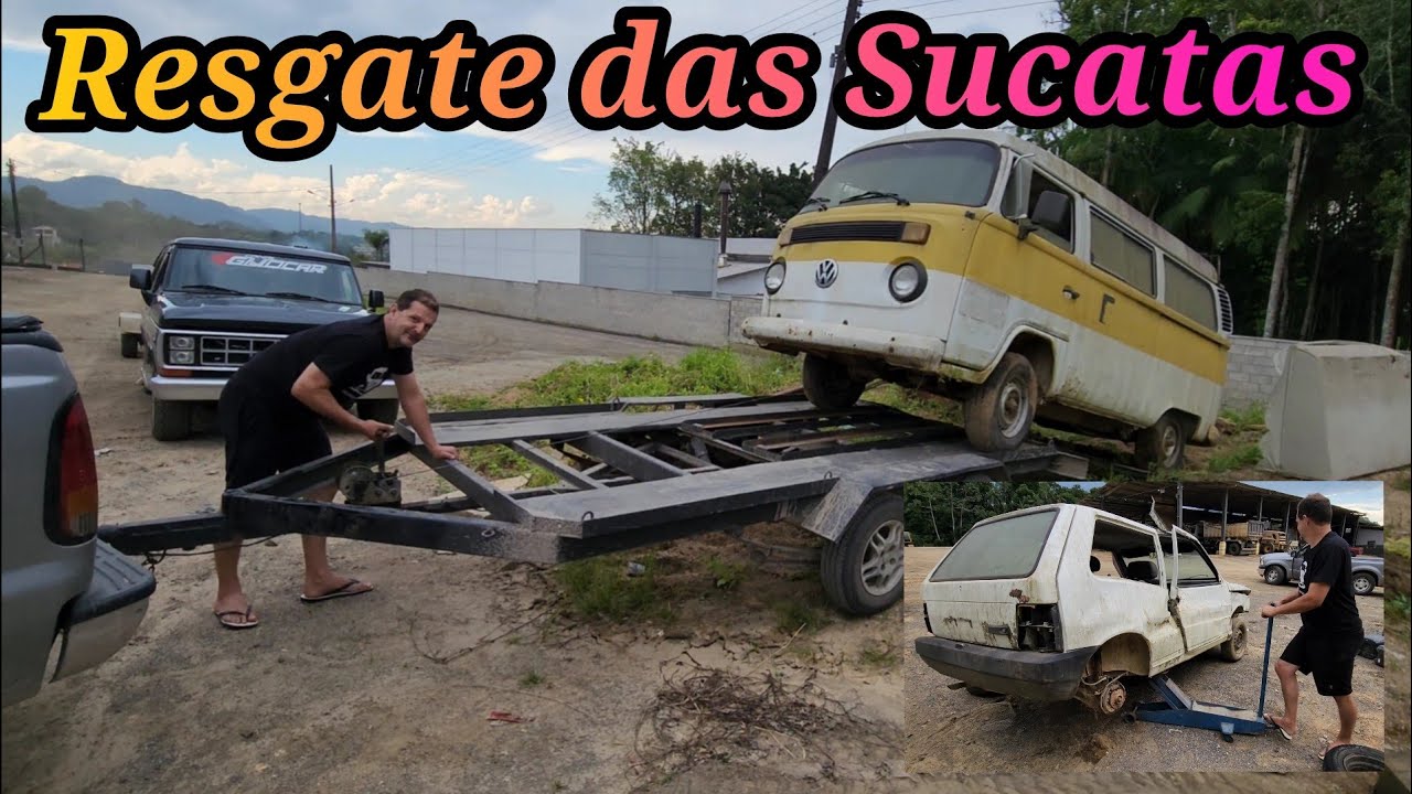 Buscamos as duas sucatas que compramos no leilão,  a  VW kombi a ar e o Fiat Uno fire