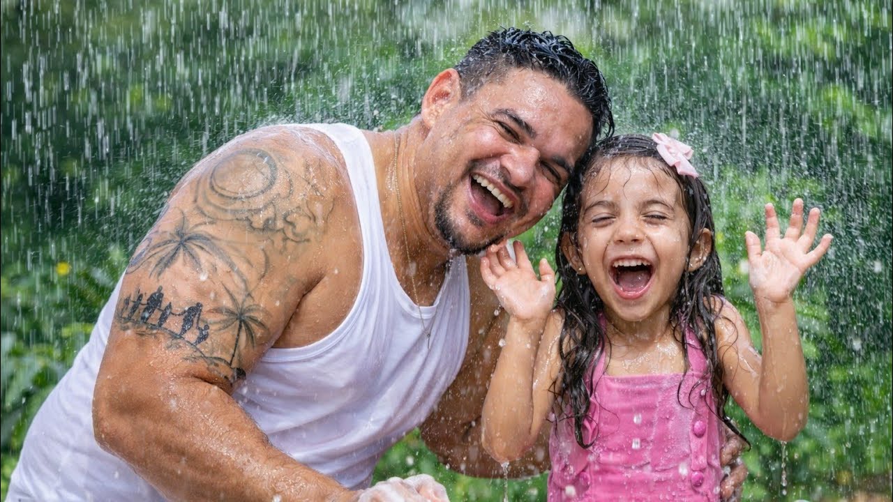 Tomando de chuva com o papai