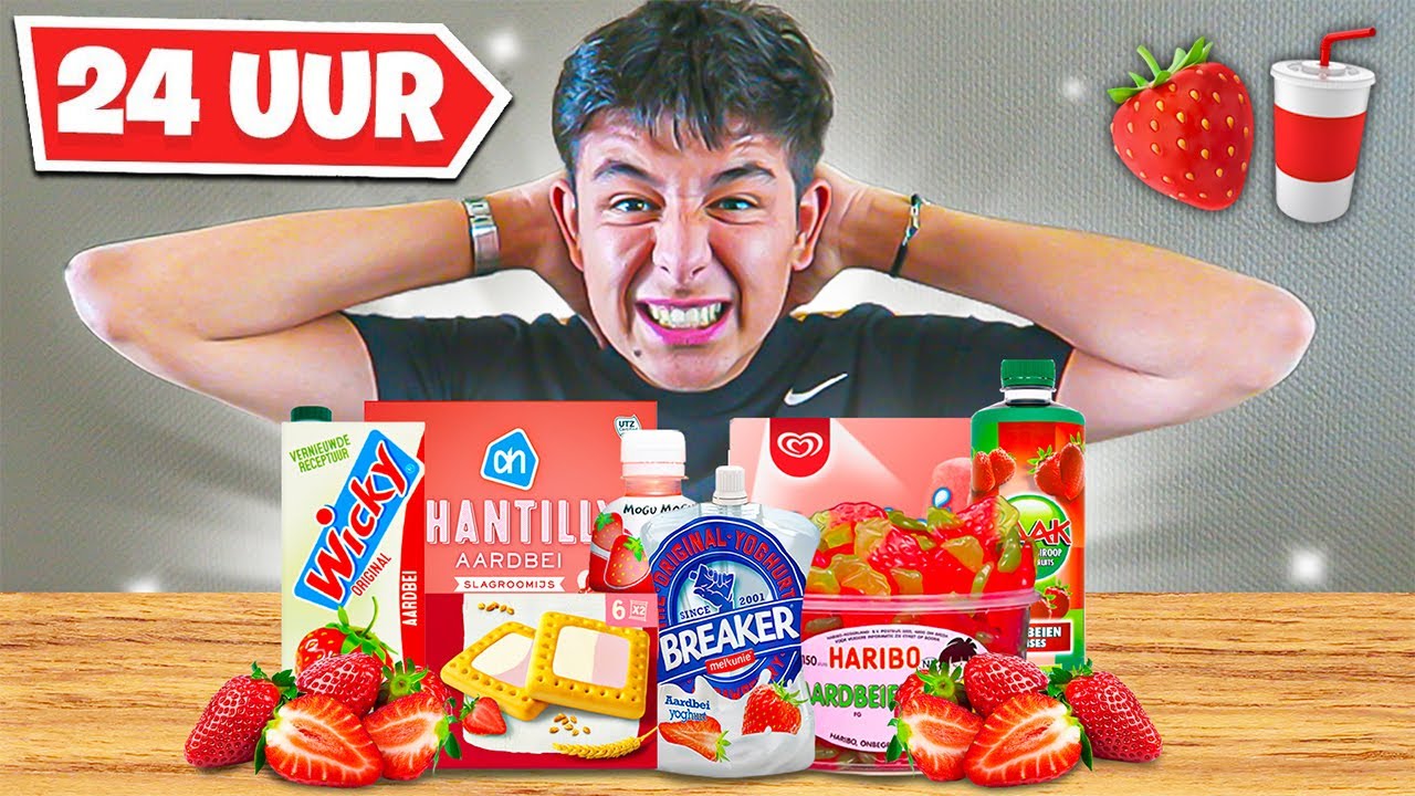 24 UUR LANG ALLEEN MAAR AARDBEI SMAAK ETEN & DRINKEN! 🍓🥤