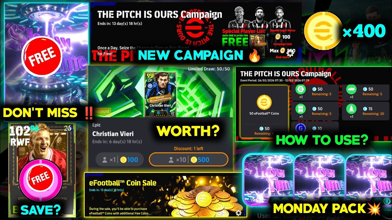 Free 400+ coins🔥 | New Big campaign 💥 | vieri Discount epic pack 🔥 | Daiky free draw✅ | Monday pack