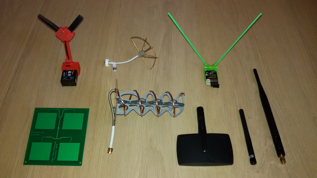 Taranis 2.4Ghz RSSI test, D4RII, X8R and 6 TX antennas, Pinweel, patch, helix, 1/4 wave, PCB...
