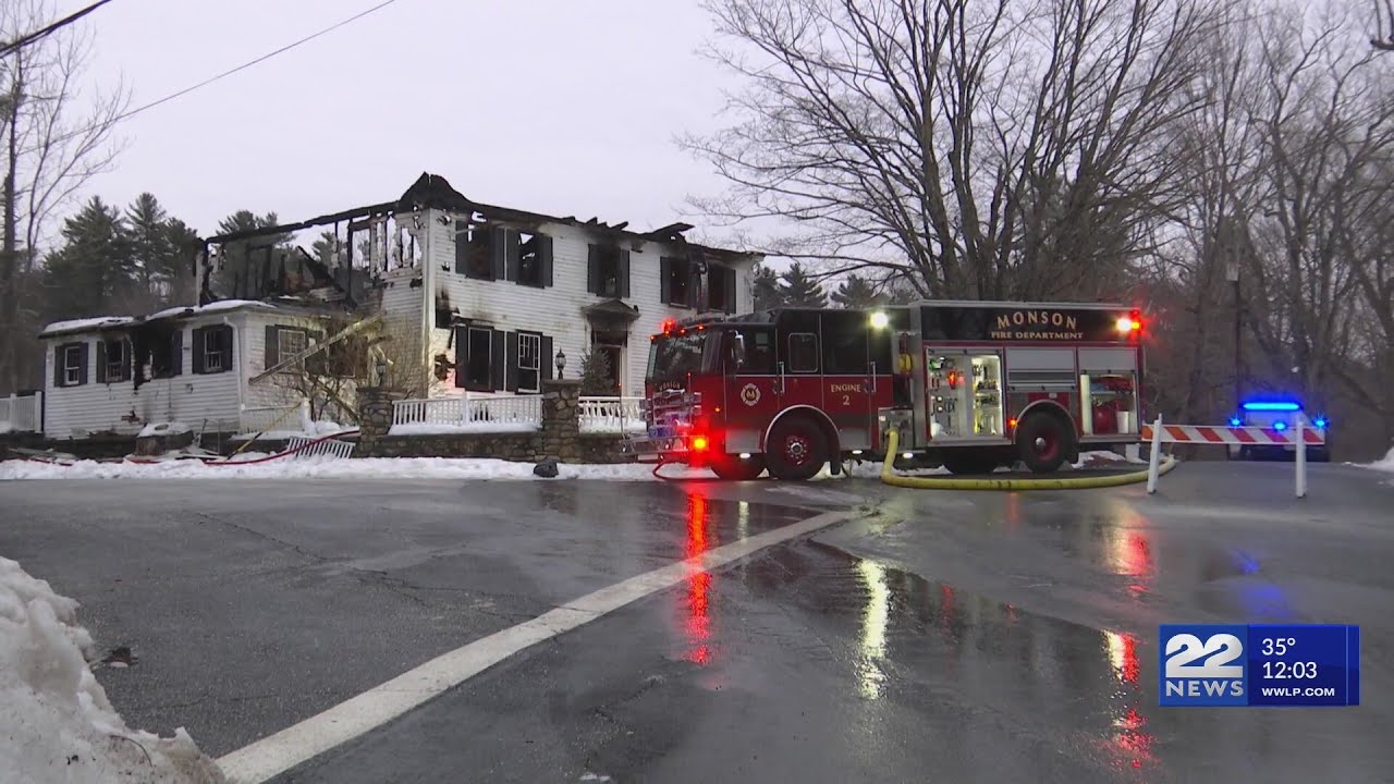 Three-alarm fire destroys Monson home, two officers injured