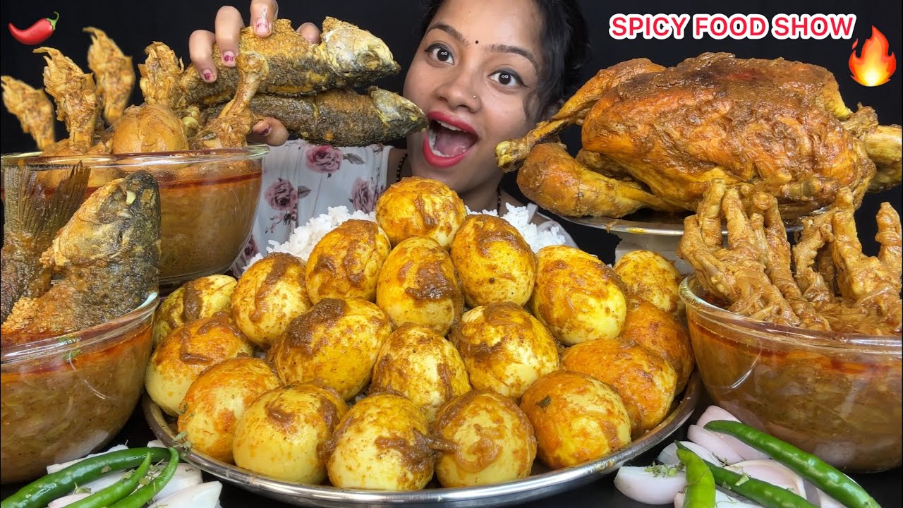 SPICY EGG CURRY, CHICKEN FEET CURRY, FISH CURRY, WHOLE CHICKEN, FISH FRY, CHICKEN CURRY EATING 🥵🌶️