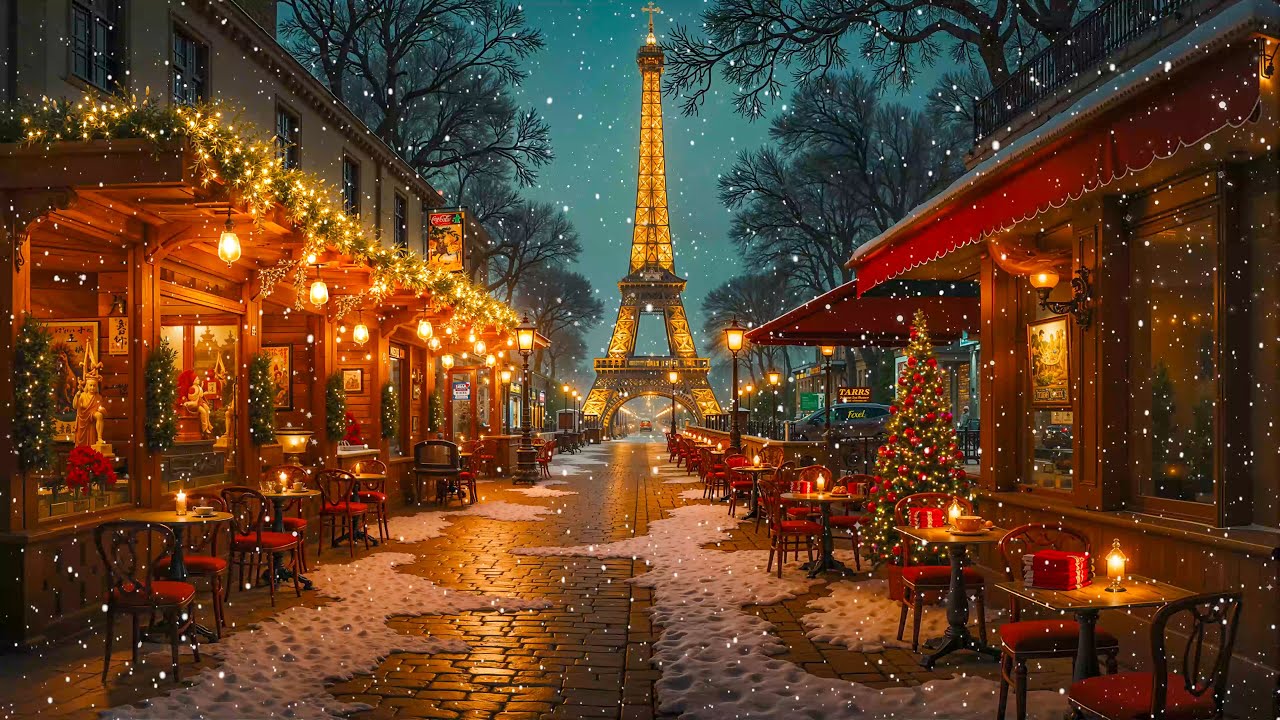 Cozy Paris Christmas Coffee Shop Ambience 🎄 Smooth Christmas Jazz Music & Gentle Snowfall Night