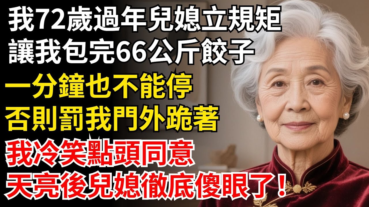 我72歲過年兒媳立規矩，讓我包完66公斤餃子，一分鐘也不能停，否則罰我門外跪著，我冷笑點頭同意，天亮後兒媳徹底傻眼了！#晚年生活#中老年生活#為人處世#生活經驗#情感故事#幸福人生#上了年紀該明白的事