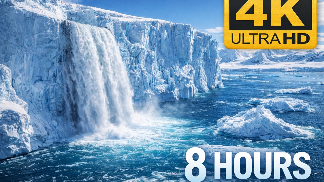 Arctic Glacier Waterfall 4K ❄️ 8 Hours of Frozen Ocean Sounds & Ice Ambience
