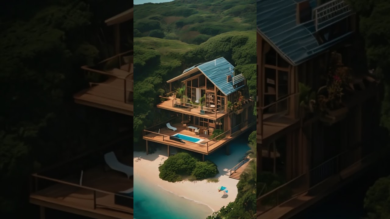 Beautiful houses on the edge of the road with music