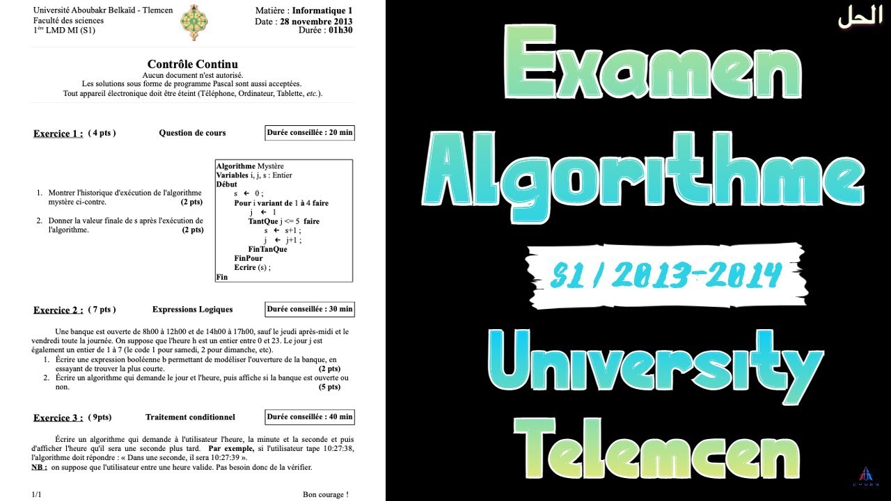 Examen Algorithme S1 Corrigé - Univ Tlemcen (2013/2014)