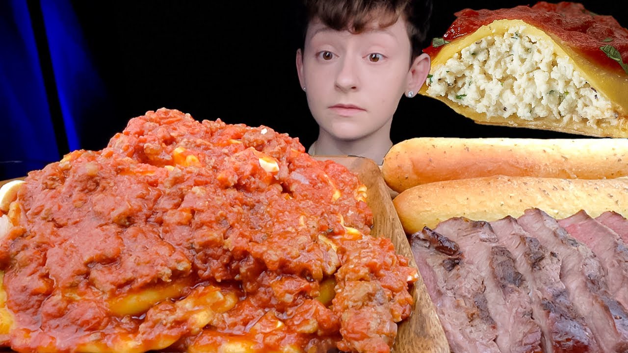 ASMR Cheese Ravioli, Steak & Garlic Bread Mukbang [Eating Sounds / Mukbang]