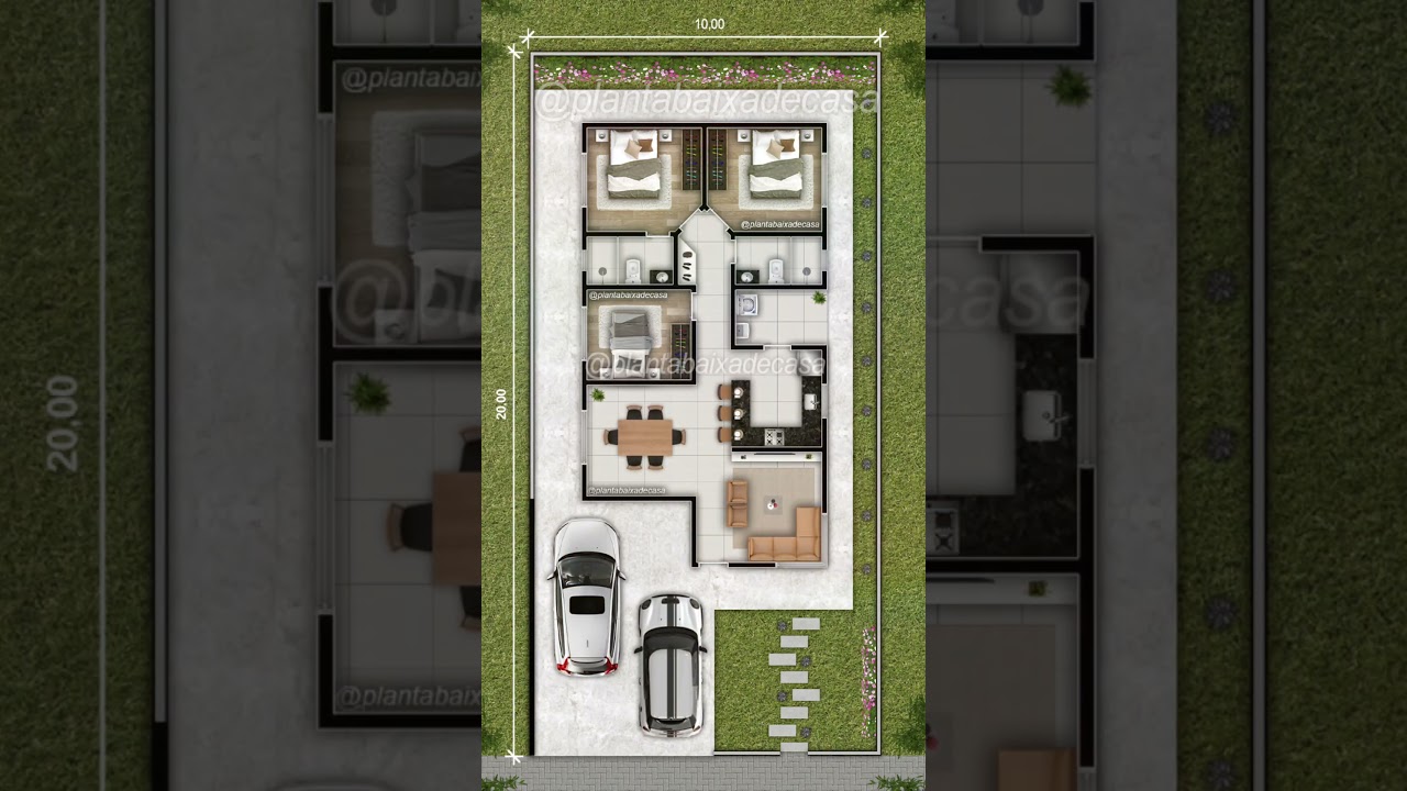 PLANTA CASA 10x20 com 3 QUARTOS E SUITE | HOUSE PLAN #plantabaixa #houseplan #arquitetura