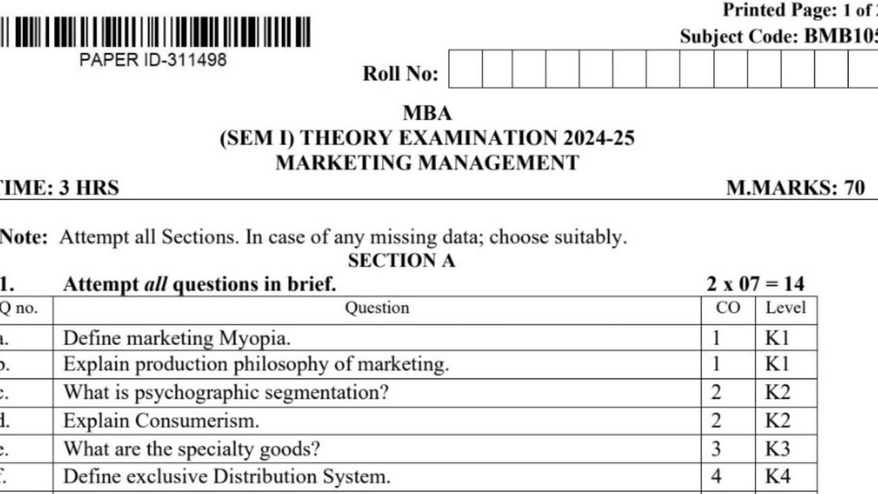 MBA 1st Semester Marketing Management Question paper 2025 || #mba #marketingmanagement #mba1stsem