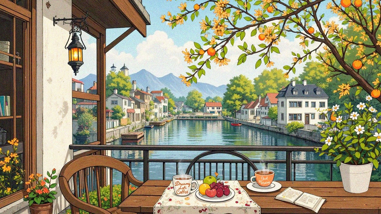 Spring Lofi Morning ☕🌸 Riverside European Town | Cozy Breakfast Beats to Study / Relax