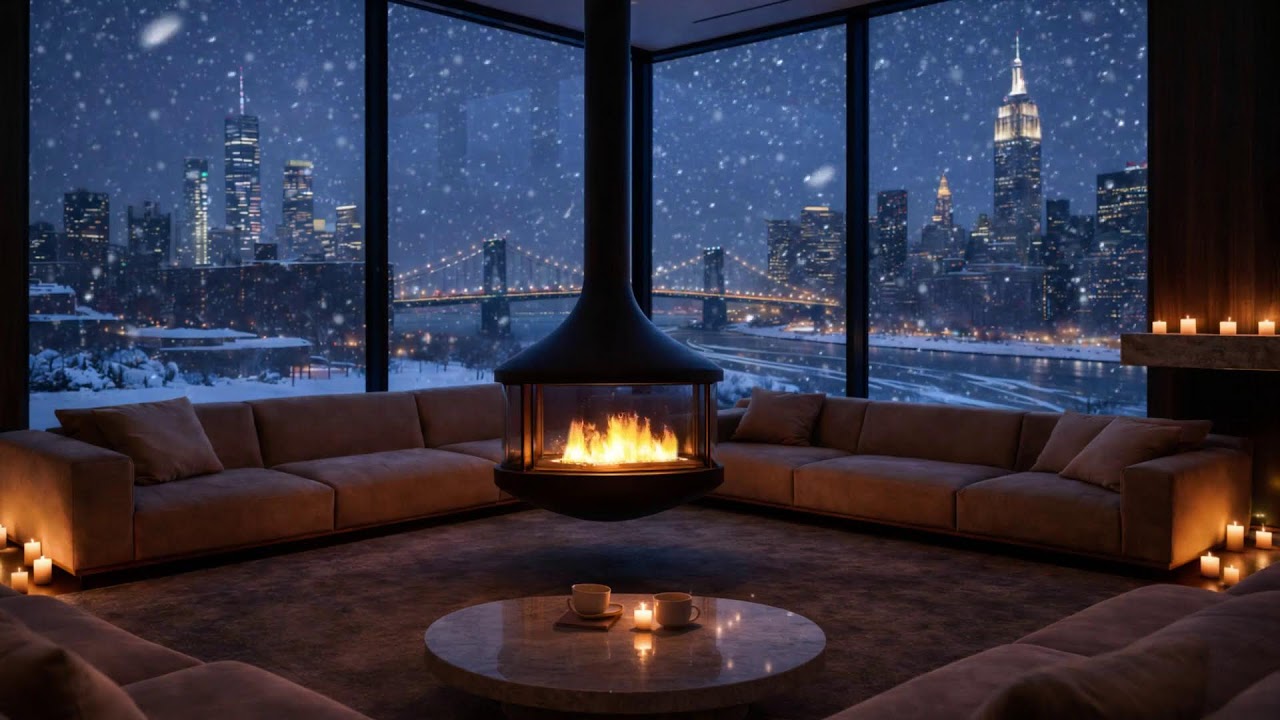 Winter Jazz Cafe  Fireplace Glow & Snowy Skyline Live