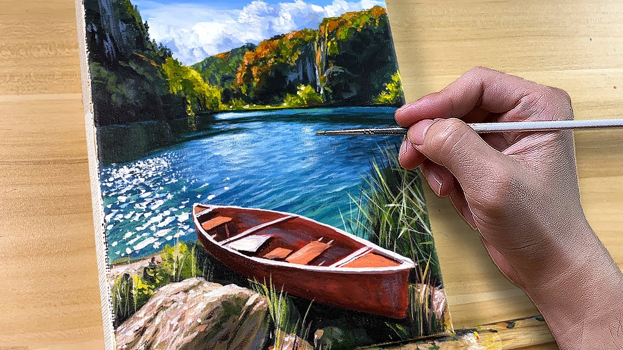 Acrylic Painting Morning Boat Landscape / Correa Art