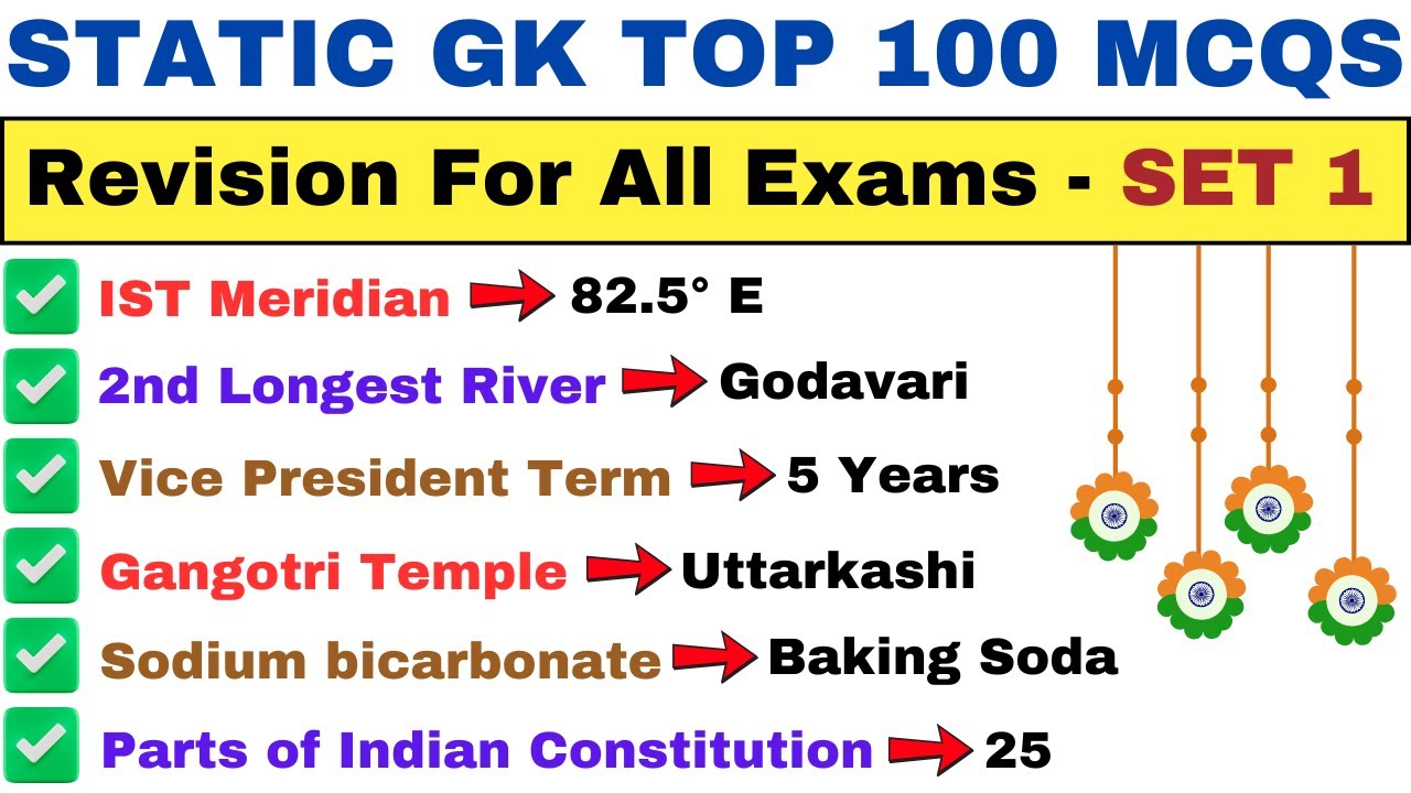 Static GK 100 MCQs | SSC, UPSC, Railway, Banking, NDA, CDS, Defence Exams | Set 1